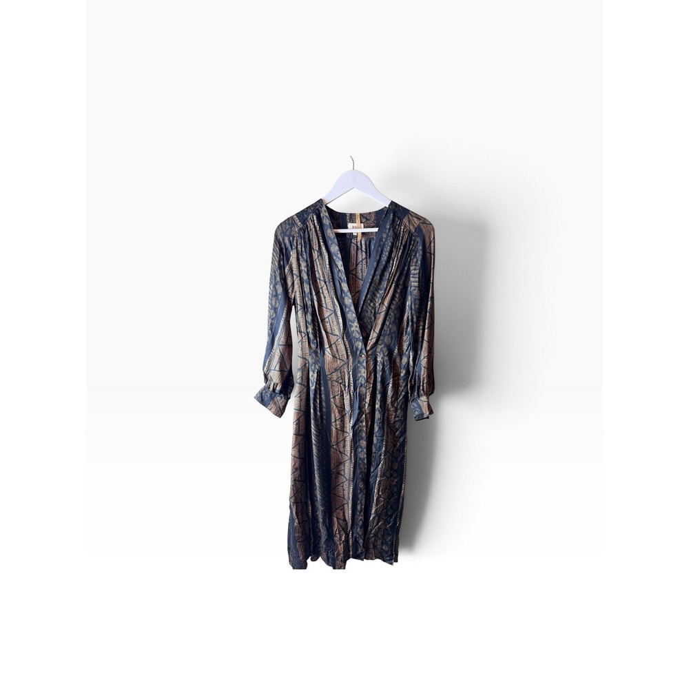 Diega Womens XS Geometric Print V-Neck Midi Dress Blue Brown Long Sleeve